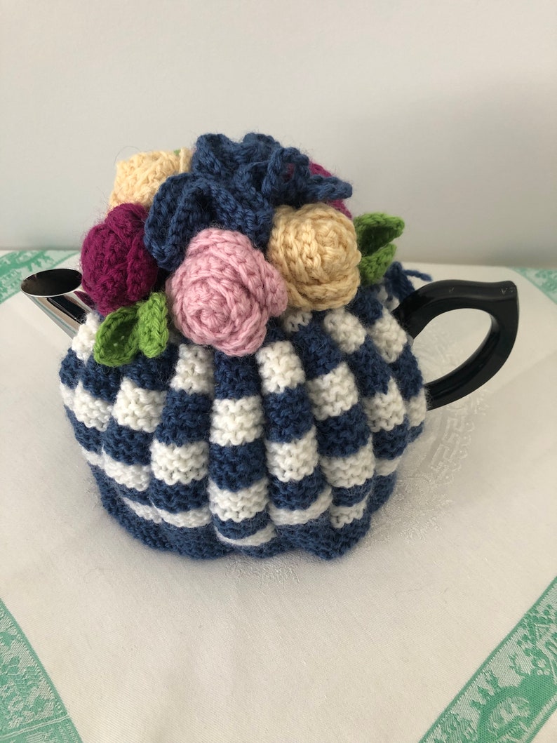 Retro hand knitted Tea Cosy crocheted rosette flowers Nz Available for Immediate Shipping image 9