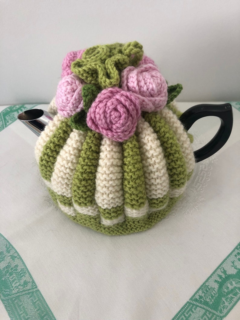 Retro hand knitted Tea Cosy crocheted rosette flowers Nz Available for Immediate Shipping image 1