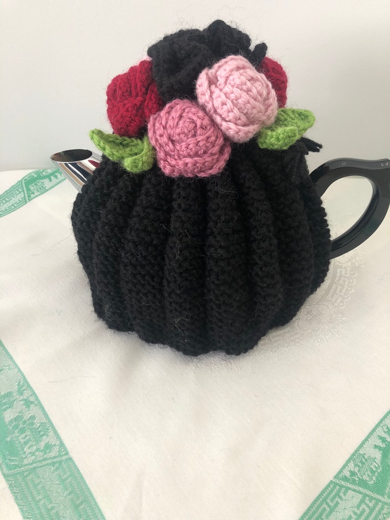 Retro hand knitted Tea Cosy crocheted rosette flowers Nz Available for Immediate Shipping image 10