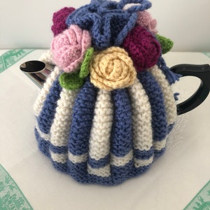 Retro hand knitted Tea Cosy crocheted rosette flowers Nz Available for Immediate Shipping image 6