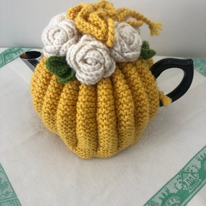 Retro hand knitted Tea Cosy crocheted rosette flowers Nz Available for Immediate Shipping image 4