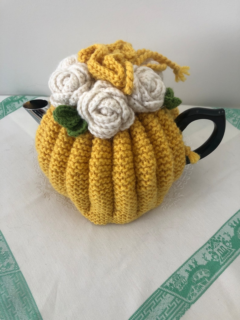 Retro hand knitted Tea Cosy crocheted rosette flowers Nz Available for Immediate Shipping image 4