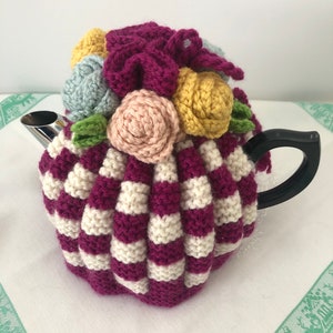 Retro hand knitted Tea Cosy crocheted rosette flowers Nz Available for Immediate Shipping image 5