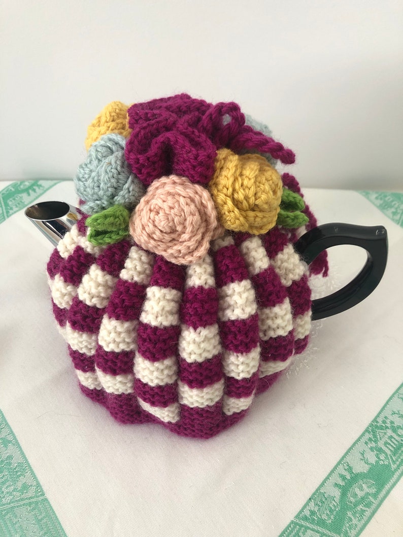 Retro hand knitted Tea Cosy crocheted rosette flowers Nz Available for Immediate Shipping image 5