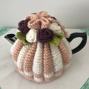 Retro hand knitted Tea Cosy crocheted rosette flowers Nz Available for Immediate Shipping image 2