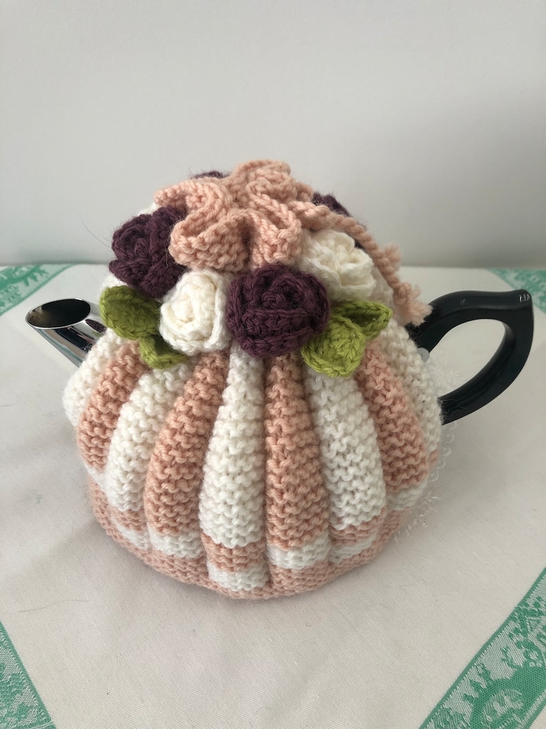 Retro hand knitted Tea Cosy crocheted rosette flowers Nz Available for Immediate Shipping image 2