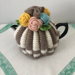 Retro hand knitted Tea Cosy crocheted rosette flowers Nz Available for Immediate Shipping image 7