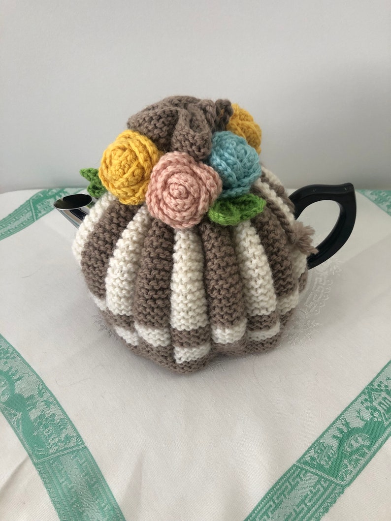 Retro hand knitted Tea Cosy crocheted rosette flowers Nz Available for Immediate Shipping image 7