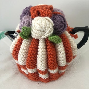 Retro hand knitted Tea Cosy crocheted rosette flowers Nz Available for Immediate Shipping image 3