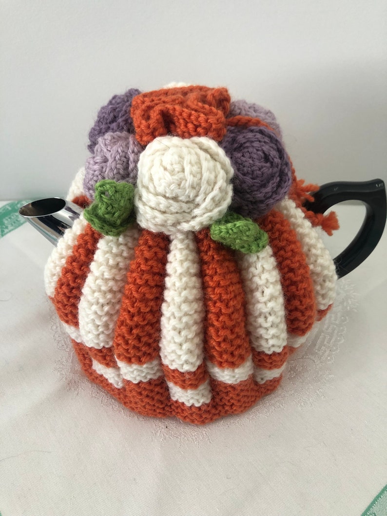 Retro hand knitted Tea Cosy crocheted rosette flowers Nz Available for Immediate Shipping image 3