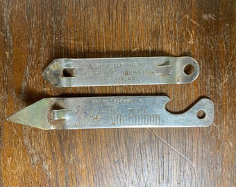 Two vintage church key bottle openers PBR