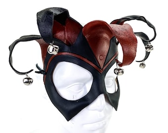 Ready to Ship - Handmade Genuine Leather Five Point Jester Mask in Red and Black