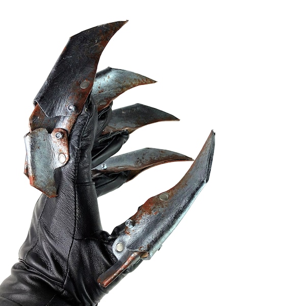 One Set of Two Handcrafted Genuine Leather Gloves with Claws in Rusted Metal Paint