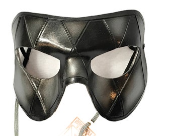 Silver Harlequin Handmade Genuine Leather Mask in Black and Silver