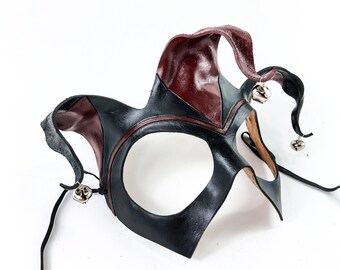 Handmade Genuine Leather Jester Mask in Red and Black