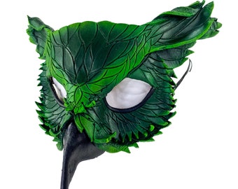 Layered Horned Owl Handmade Genuine Leather Mask in Green