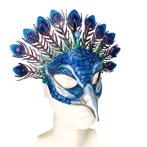 Metallic Blue Peacock Handmade Genuine Leather Mask image 3