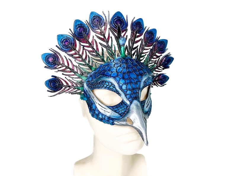 Metallic Blue Peacock Handmade Genuine Leather Mask image 3