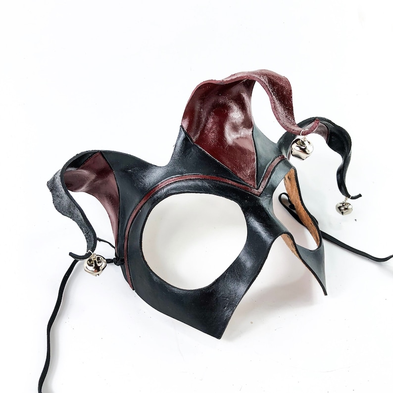 Handmade Genuine Leather Jester Mask in Red and Black