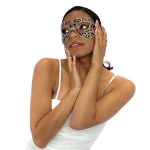Dual Layer Ornate Masquerade Handmade Genuine Leather Eye Mask in Vintage Cream