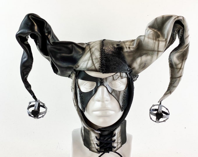 In Stock - Handcrafted Genuine Leather Jester Mask in Black and White