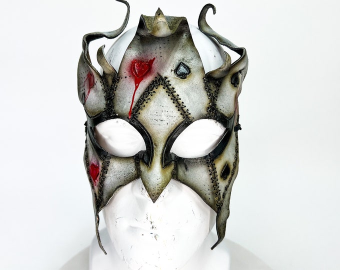 Grungy Joker Jester Handmade Genuine Leather Mask in Red