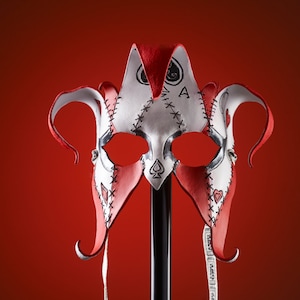The Joker&#39;s Card-Joker Jester Handmade Genuine Leather Mask in Red