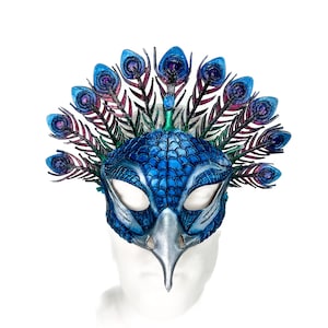 Metallic Blue Peacock Handmade Genuine Leather Mask image 6