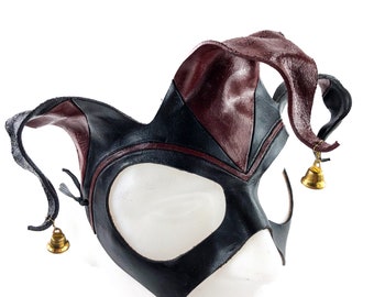 Handmade Genuine Leather Jester Mask in Red and Black With Brass Bells