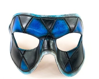 Harlequin Handmade Genuine Leather Mask in Black and Blue