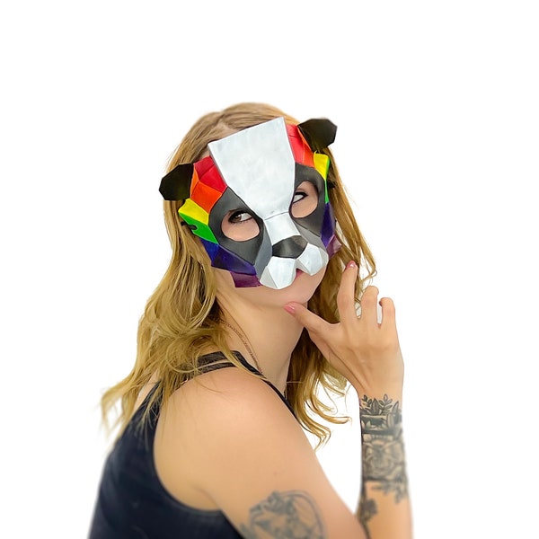 Geometric Rainbow Panda Bear Leather Mask