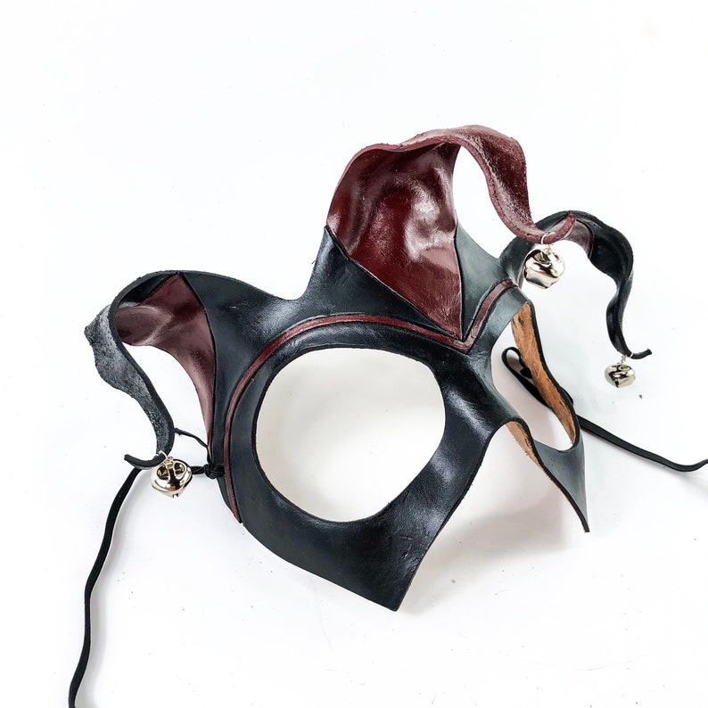 Handmade Genuine Leather Jester Mask in Red and Black