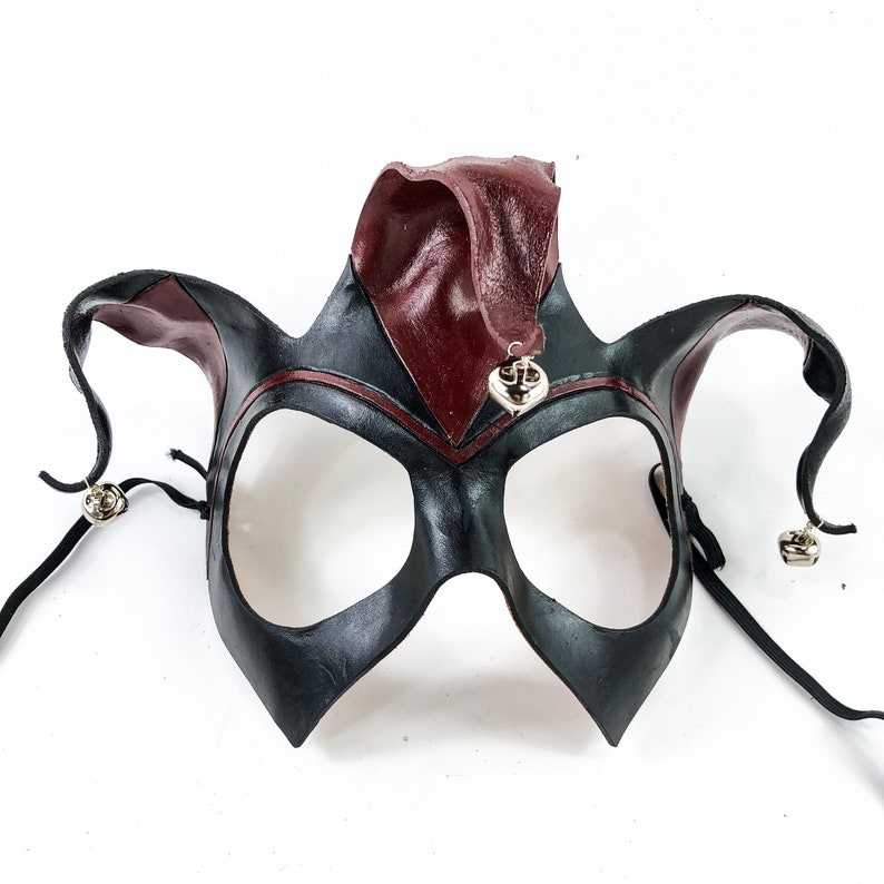 Handmade Genuine Leather Jester Mask in Red and Black