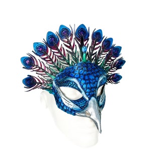 Metallic Blue Peacock Handmade Genuine Leather Mask image 4