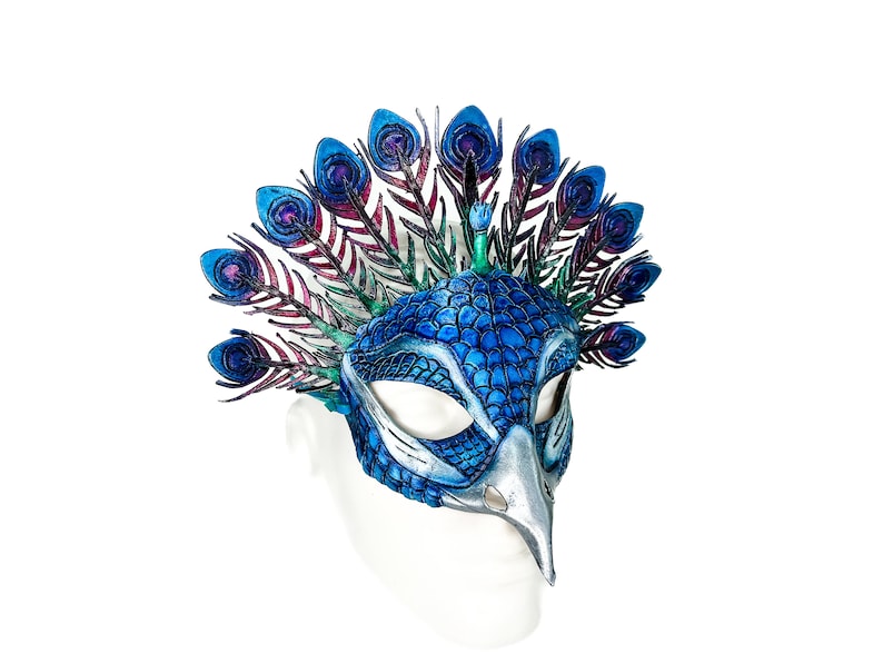 Metallic Blue Peacock Handmade Genuine Leather Mask image 4