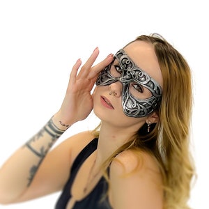 Dual Layer Ornate Masquerade Handmade Genuine Leather Eye Mask in Silver