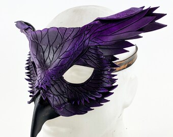 Layered Horned Owl Handmade Genuine Leather Mask in Purple