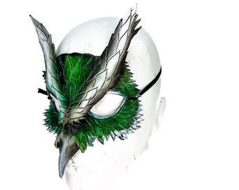 Layered Green Eagle Owl Handmade Genuine Leather Mask