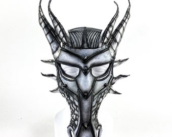 Dragon Handmade Genuine Leather Mask in Black and White with Silver Horns