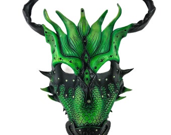 Green Ancient Dragon Leather Mask with Swarovski Crystals