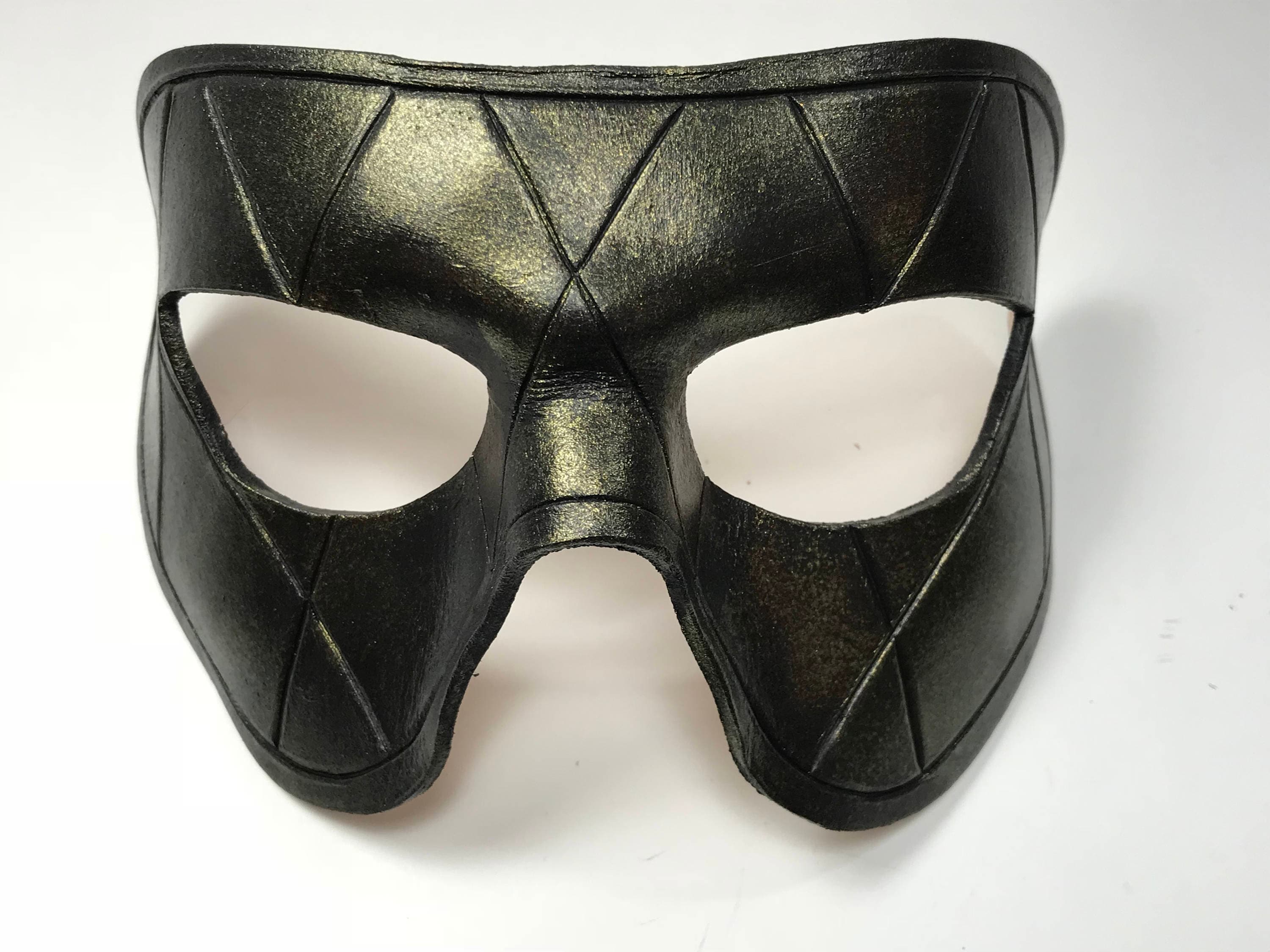 Harlequin Handmade Genuine Leather Mask in Black with Gold Hues