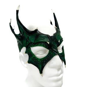 Green Dragon Crown Eye Mask - Handmade Genuine Leather - Masquerade, Halloween or Cosplay Costume