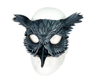 Layered Horned Owl Handmade Genuine Leather Mask in Metallic