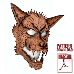 May include: A wooden wolf mask with sharp teeth and stitched details. The mask has white eye sockets and is colored in shades of brown. The image includes the text "PATTERN DOWNLOAD" and a PDF icon.