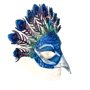 Metallic Blue Peacock Handmade Genuine Leather Mask image 7