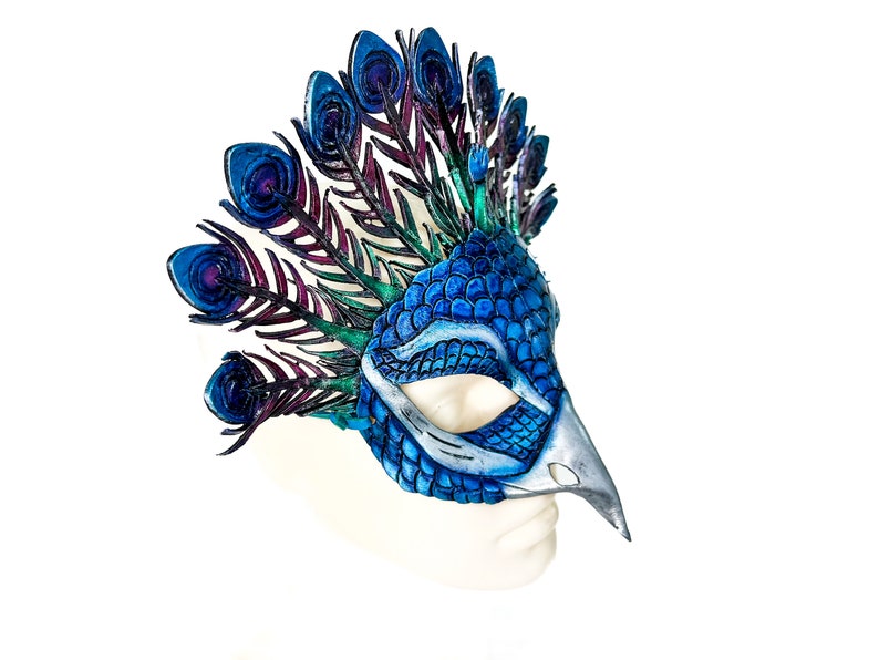 Metallic Blue Peacock Handmade Genuine Leather Mask image 7