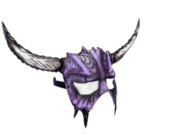 Handmade Genuine Leather Mask with Horns in Purple and White  The Horned Beast