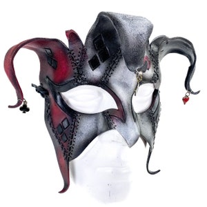 The Joker&#39;s Card - Grungy Joker Jester Handmade Genuine Leather Mask in Red with Charms