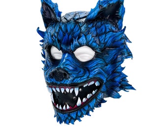 Op voorraad: het blauwe lycan-handgemaakte helmmasker van echt leer