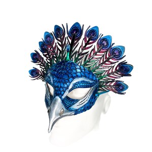 Metallic Blue Peacock Handmade Genuine Leather Mask image 9